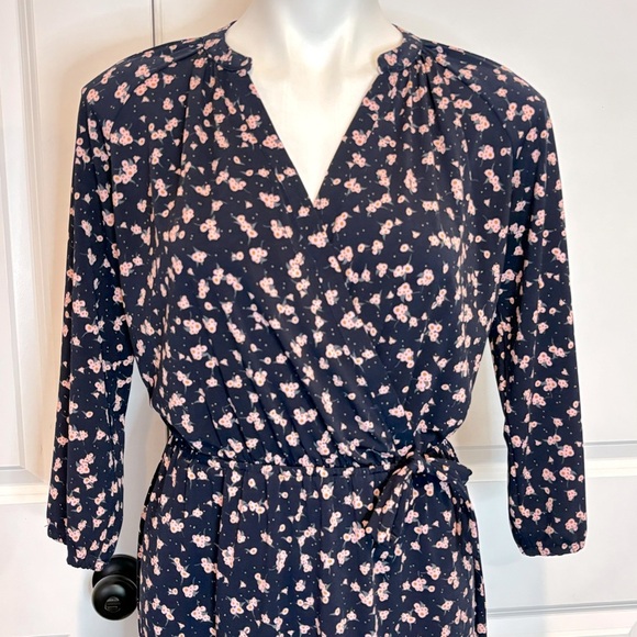 Collective Concepts Navy Pink Floral Long Sleeve Faux Wrap Jersey Dress S Petite - Picture 2 of 11